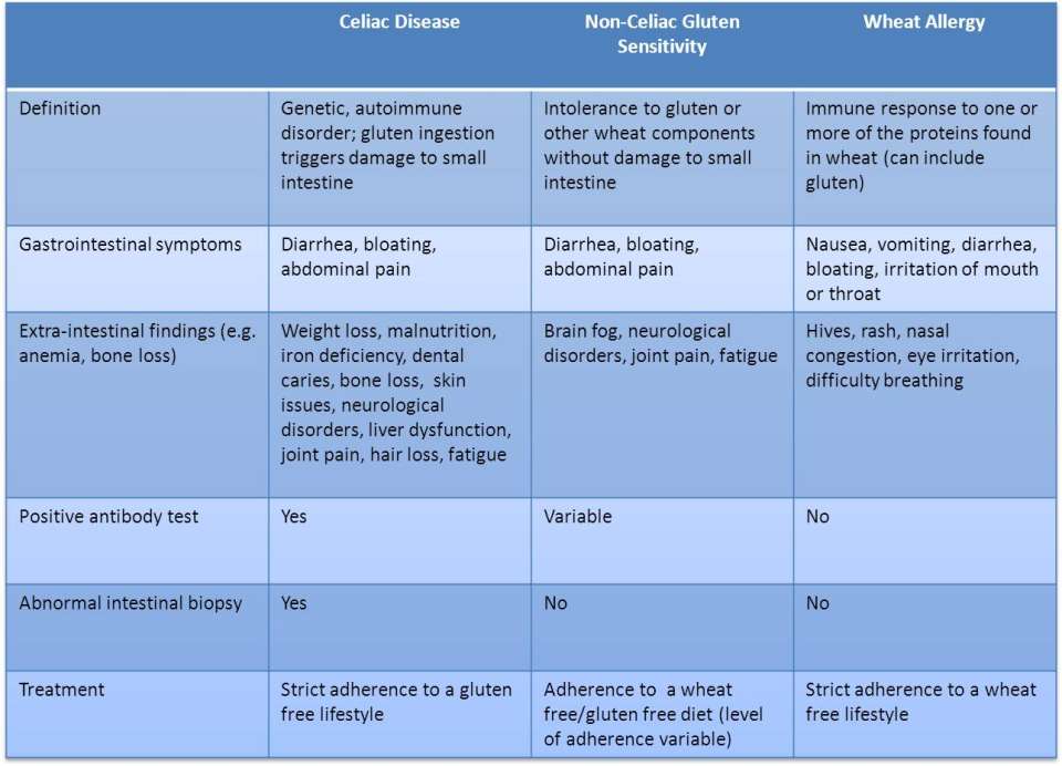Celiac gluten allergy comparison table